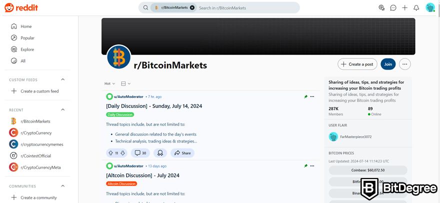 Crypto forums: Reddit's r/BitcoinMarkets.