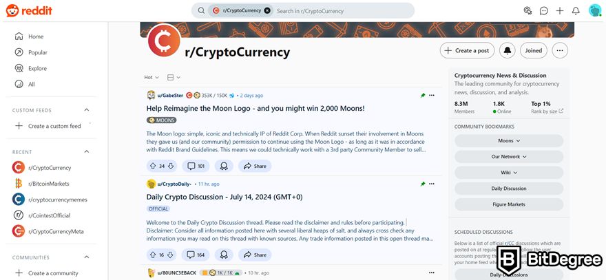 Crypto forums: Reddit's r/CryptoCurrency.