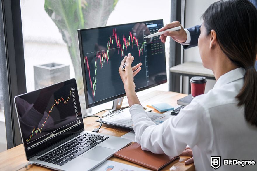Crypto hedge funds list: two people analyzing a chart.