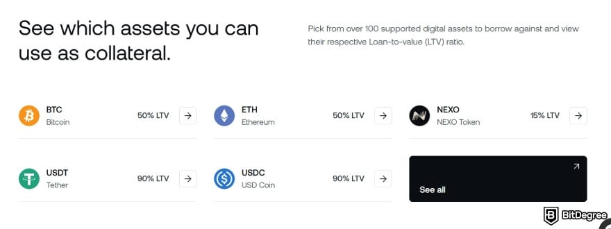 Crypto lending platform: collateral options screen on Nexo.