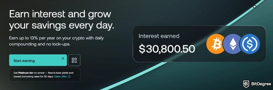 Crypto lending platform: crypto earning dashboard on Nexo.