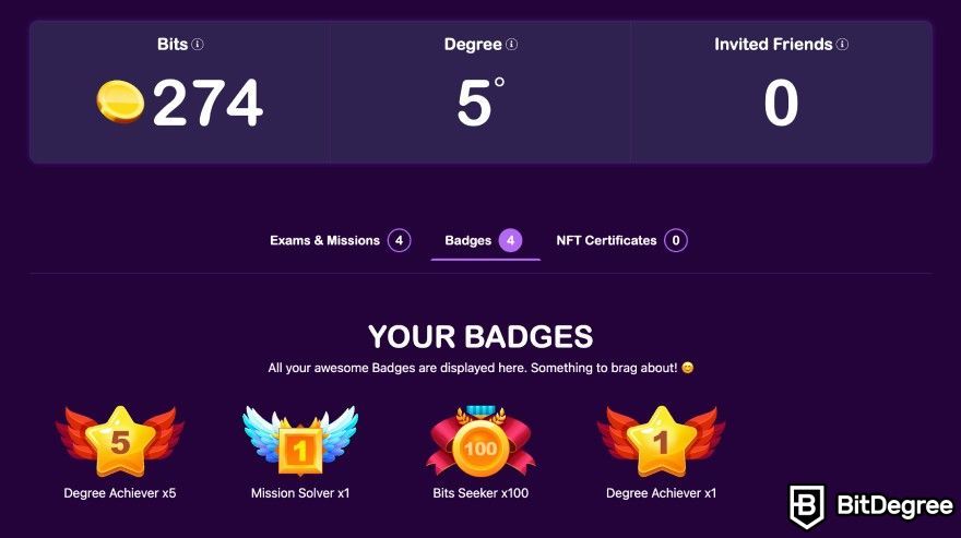 Crypto quests: BitDegree Bits, Degrees, and badges.