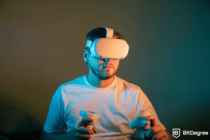 Crypto quests: a man with a VR headset, playing a game.