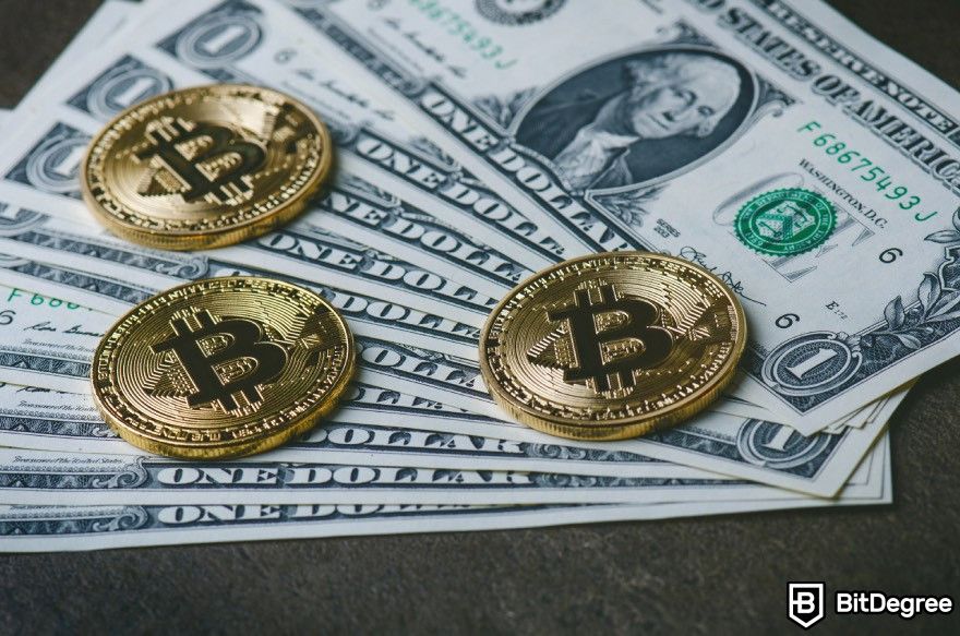 Crypto signals Telegram: Bitcoins placed on dollars on a table.