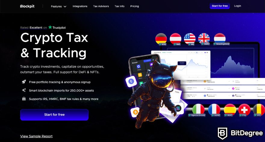 Crypto tax-loss harvesting: a screenshot of Blockpit homepage.