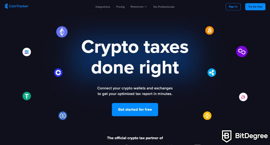 Crypto tax-loss harvesting: a screenshot of CoinTracker homepage.