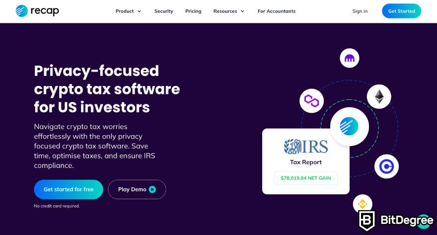 Crypto tax-loss harvesting: a screenshot of Recap homepage.