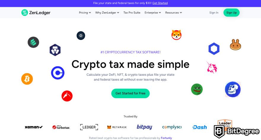 Crypto tax-loss harvesting: a screenshot of ZenLedger homepage.