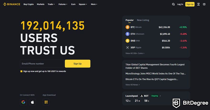 Crypto vs stocks: Binance homepage.
