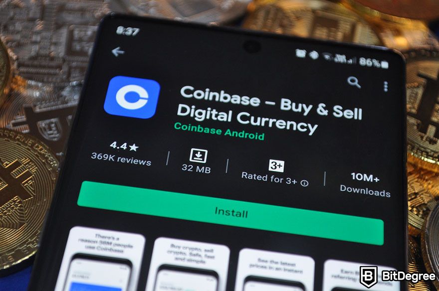 Crypto vs stocks: Coinbase app page on Google Play, displayed on a mobile phone.