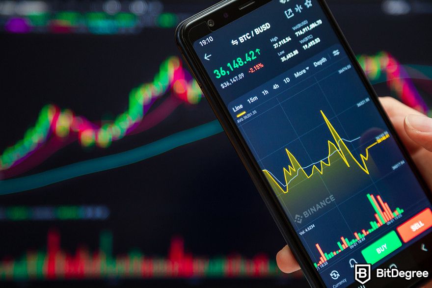 Crypto vs stocks: a phone displaying BTC to BUSD price chart on Binance.