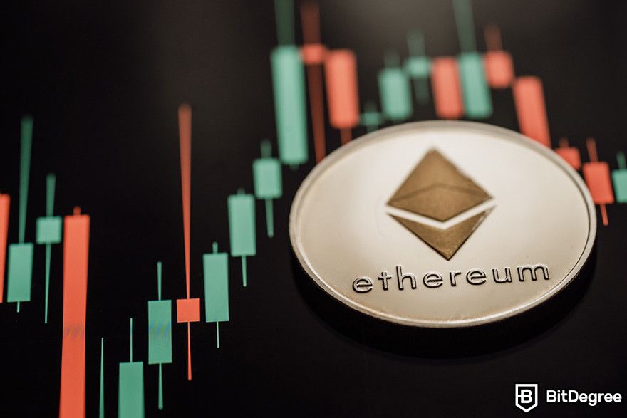 Crypto vs stocks: an Ethereum coin on a display of a candlestick chart.