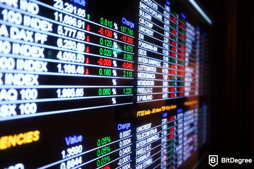 Crypto vs stocks: digital display showing various stock market indices and their performance metrics.