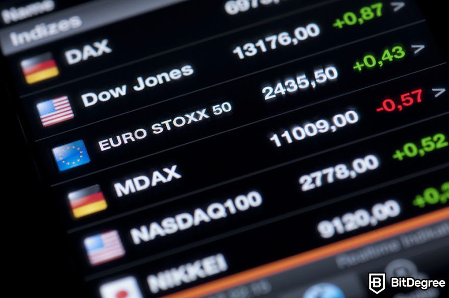 Crypto vs stocks: close-up of a screen displaying various international stock indices and their performance.