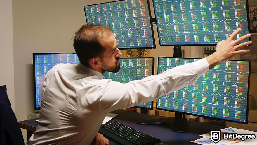 Crypto vs stocks: a trader analyzing multiple screens displaying stock market data.