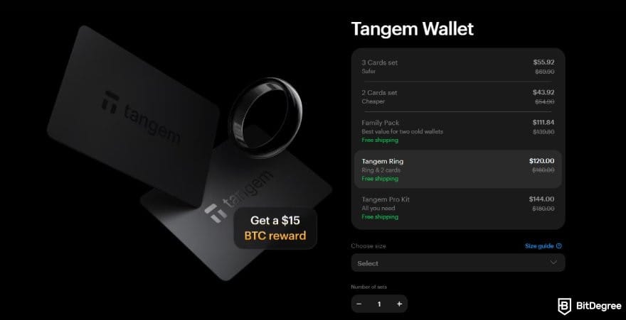 Crypto wallet deals: a price list of different Tangem wallet sets.