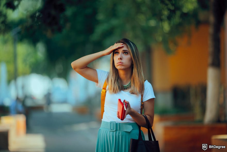 Crypto wallet for business: a confused woman.