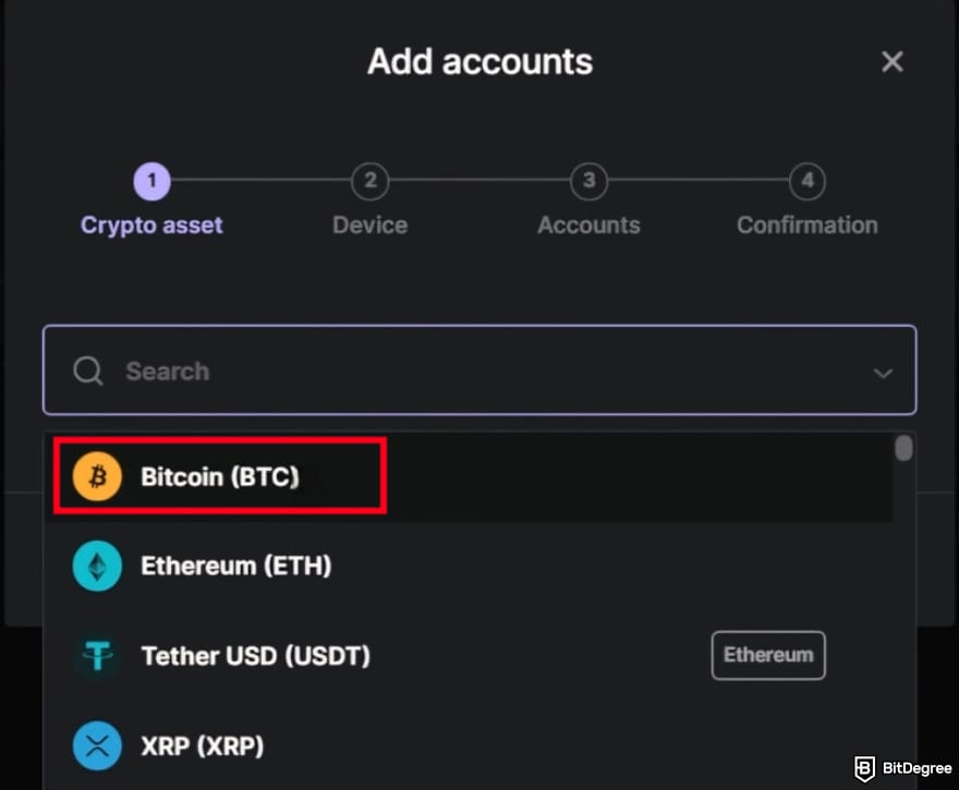 Crypto wallet for business: adding a Bitcoin account.
