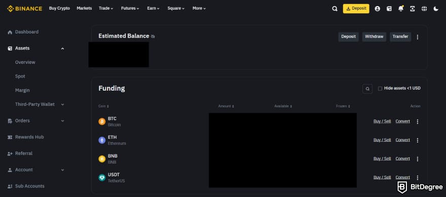 Crypto wallet for business: the [Funding] section on Binance Wallet.