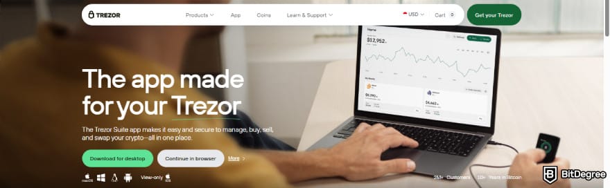 Crypto wallet for business: Trezor Suite page.