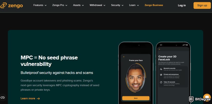 Crypto wallet for business: Zengo Wallet page.