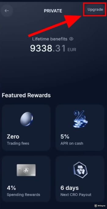 Crypto.com Level Up review: tap the [Upgrade] button.