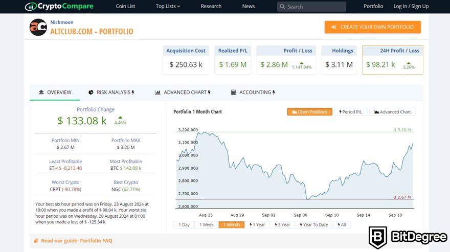 CryptoCompare review: a public portfolio example.