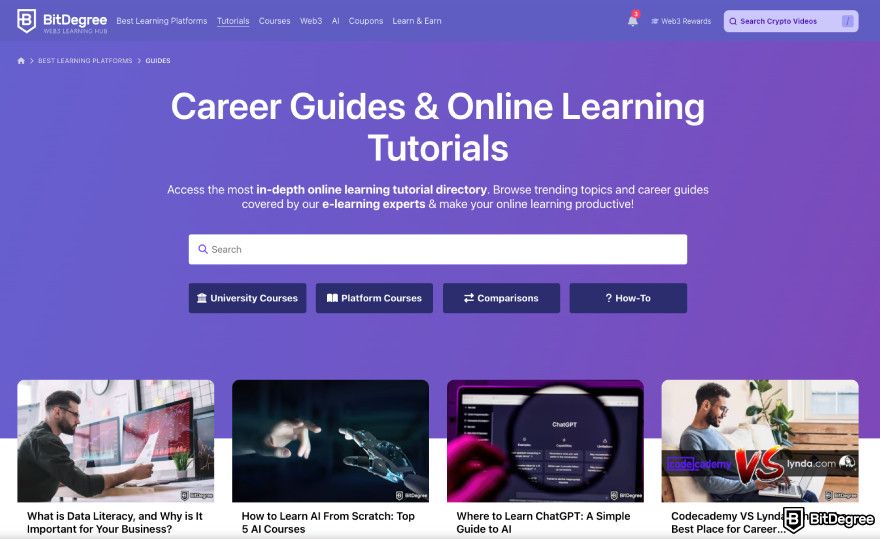 Cryptocurrency jobs: BitDegree tutorials page.