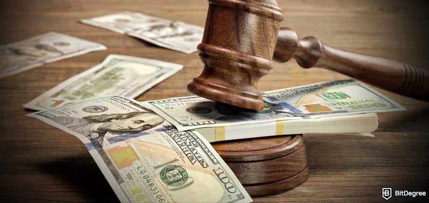Cryptocurrency regulation SEC: USD banknotes under a gavel representing penalties..