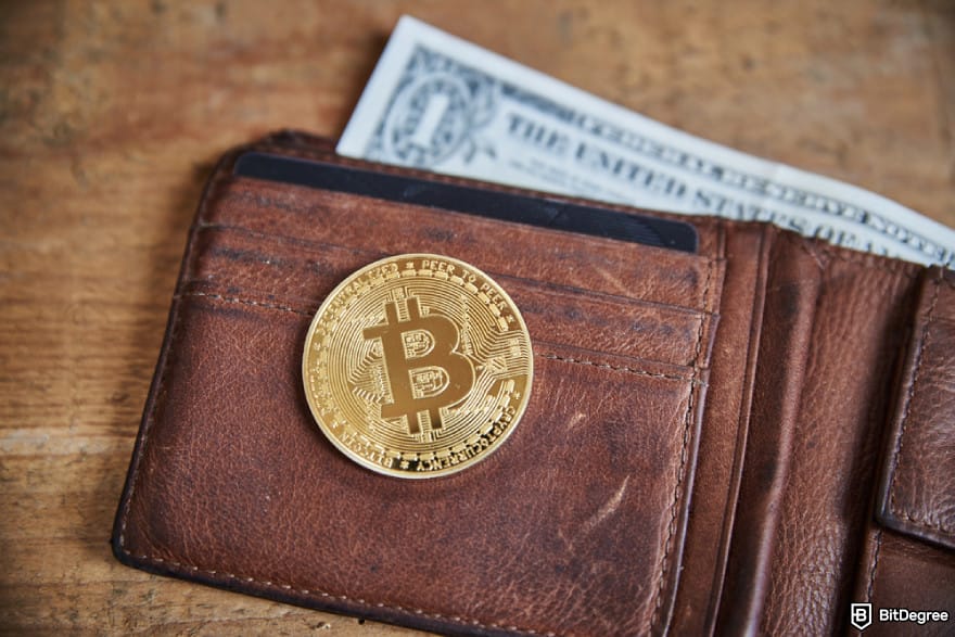 Cryptocurrency regulation SEC: a leather wallet with money and Bitcoin in it.