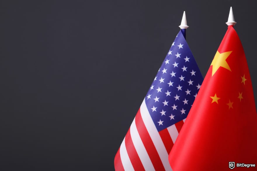 Cryptocurrency regulation SEC: USA and China flags together.