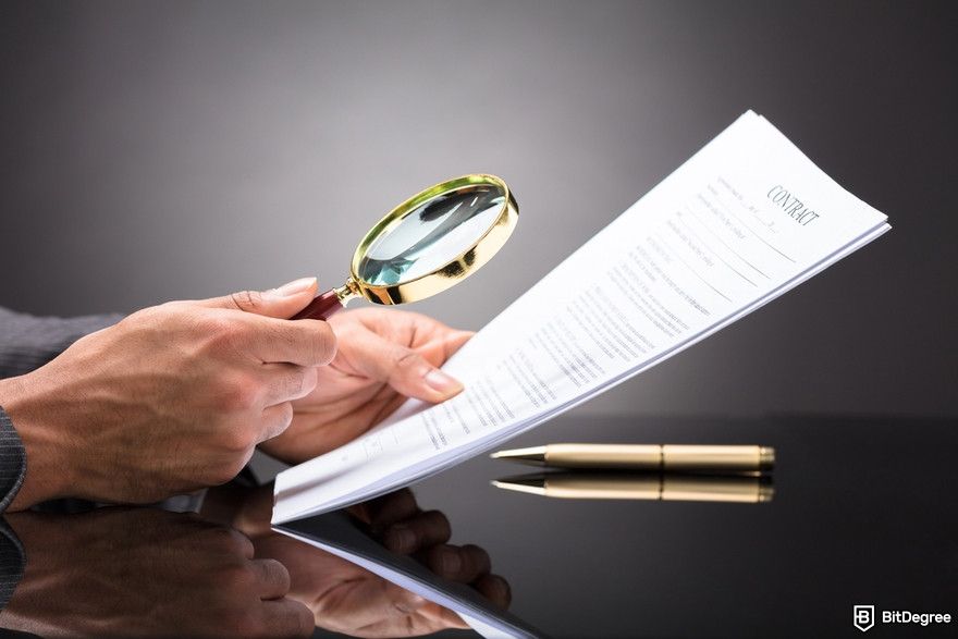 Crytpocurrency security: a judge looking at a document with a magnifying glass.