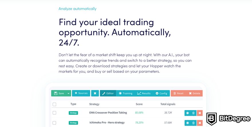 Ulasan Cryptohopper: halaman trading otomatis di situs web Cryptohopper.