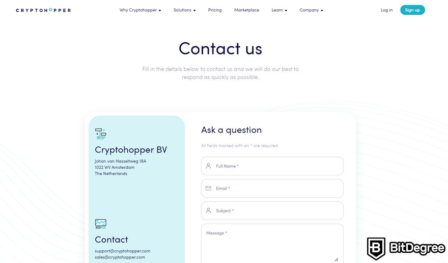 Cryptohopper review: Cryptohopper's contact page.