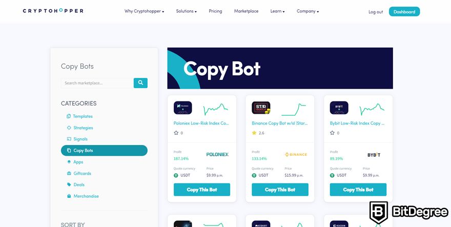 Cryptohopper review: copy bots on Marketplace.