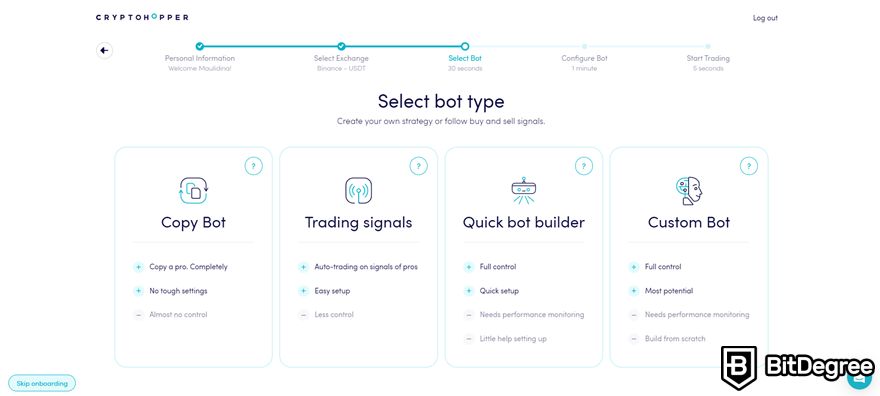 Cryptohopper review: bot types on Config Wizard.