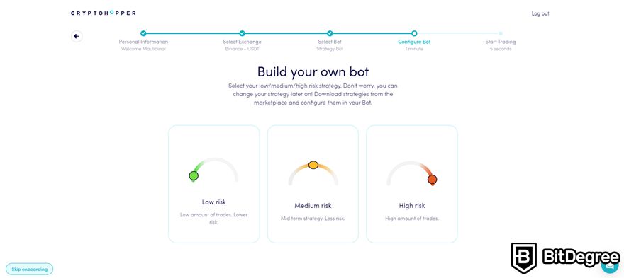 Ulasan Cryptohopper: pilihan risiko rendah/sedang/tinggi saat memilih bot builder Quick.