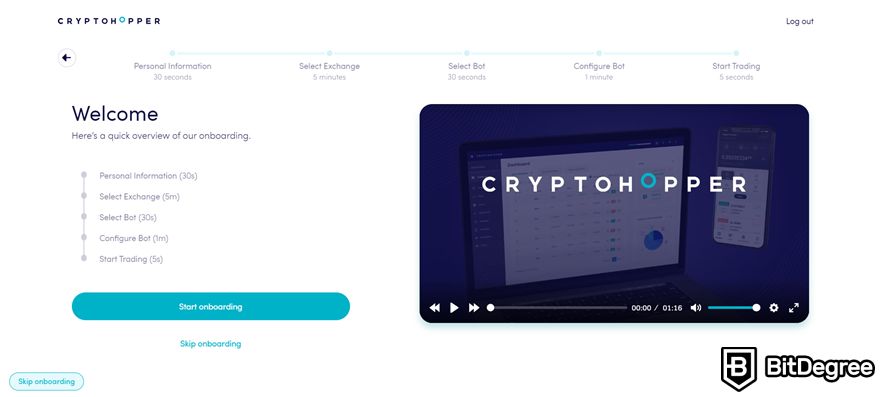 Cryptohopper review: onboarding progress bar.