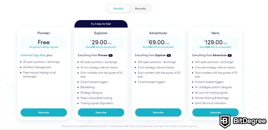 Cryptohopper review: Cryptohopper pricing plans.