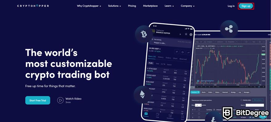 Cryptohopper review: sign-up button highlighted on the Cryptohopper homepage.