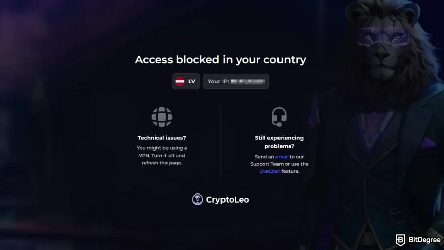 CryptoLeo casino review: access restricted notice showing country based blocking message.
