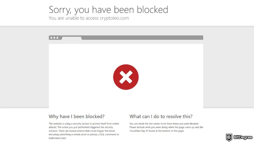 CryptoLeo casino review: access blocked page showing error message.