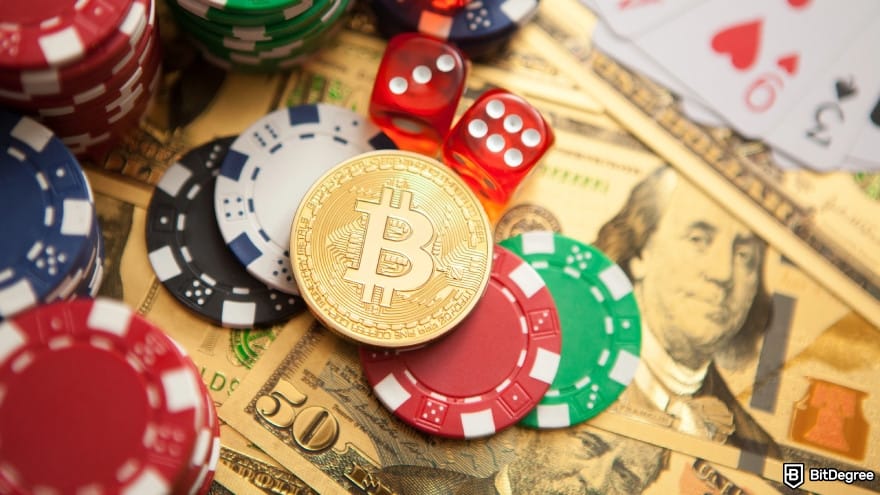 CryptoLeo casino review: colorful casino chips, dollars, bitcoins and red dice.