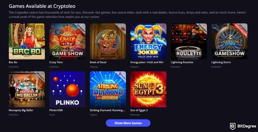 Cryptoleo casino review: choose the game to play.