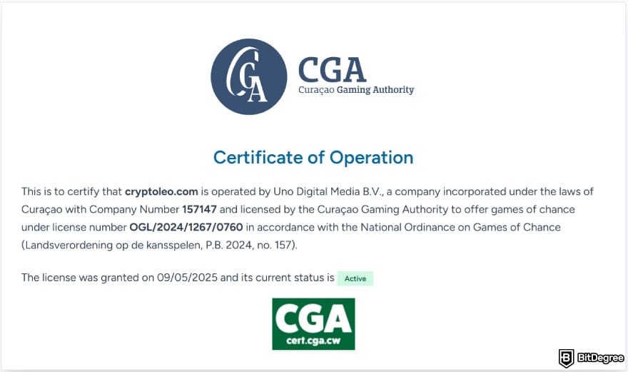 CryptoLeo casino review: CGA certification.