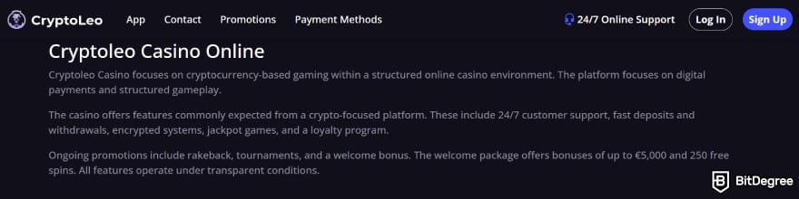 CryptoLeo casino review: welcome paragraphs on CryptoLeo.