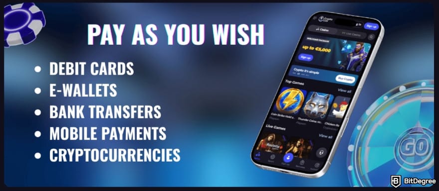 CryptoLeo casino review: payment methods banner showing the available options.