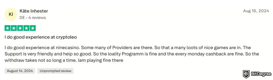 CryptoLeo casino review: user review from Trustpilot.