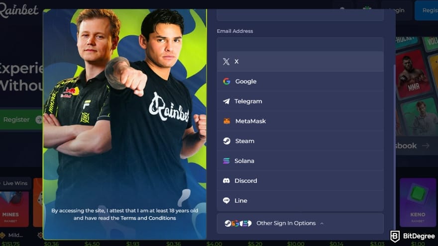 CryptoLeo casino review: account option on Rainbet.