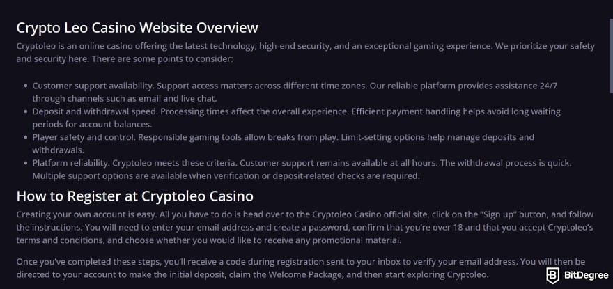 CryptoLeo casino review: the website is a bit text heavy.